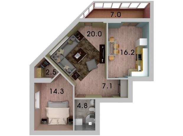ЖК на Кедровського: планування 2-кімнатної квартири 68 м²