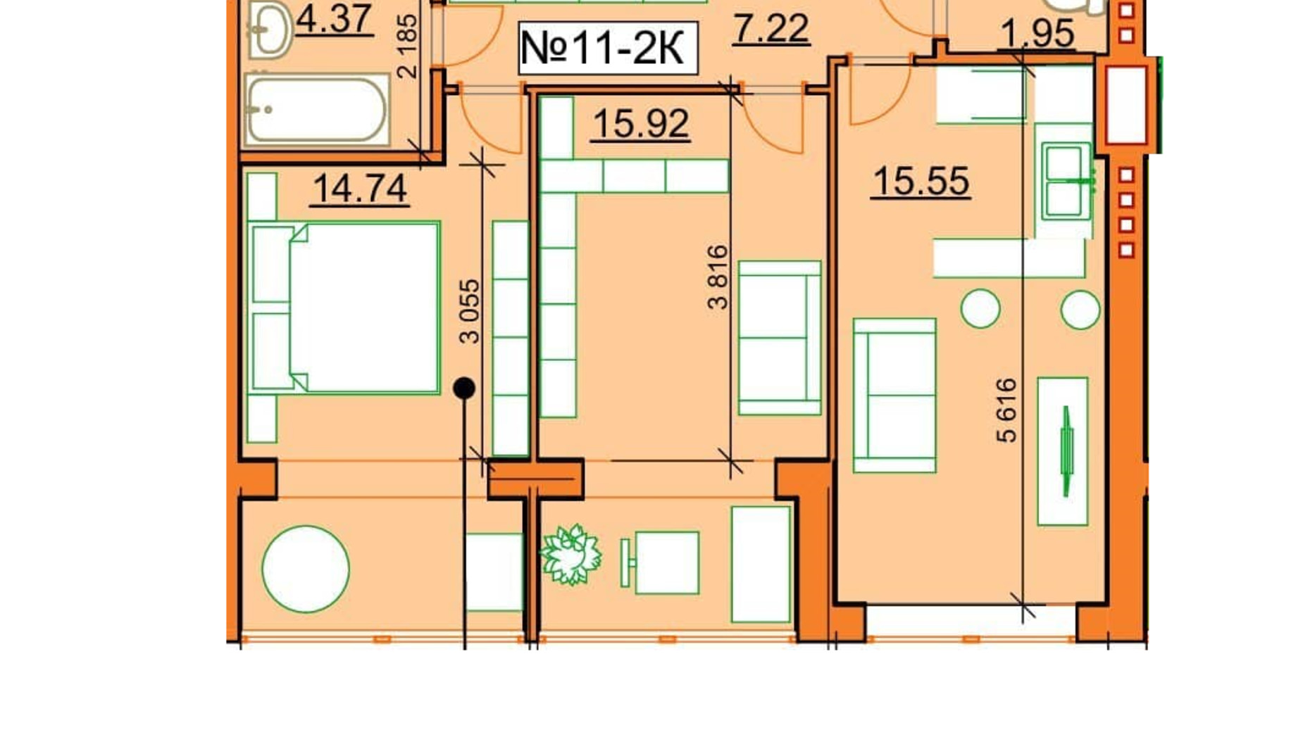 Планировка 2-комнатной квартиры в ЖК Гостомельские Липки 5 56.81 м², фото 243847