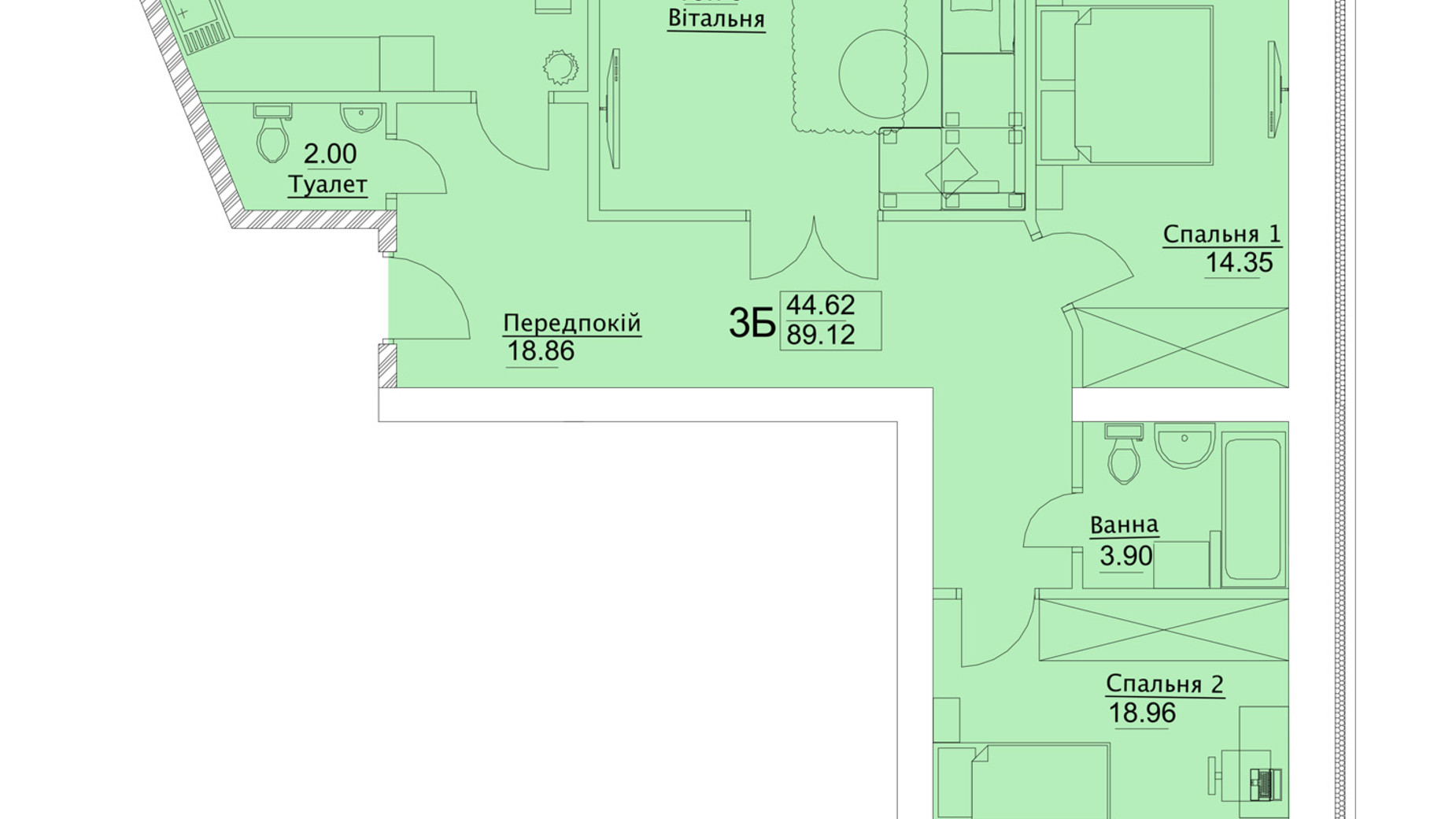 Планировка 3-комнатной квартиры в ЖК Елецкий 89.12 м², фото 243944