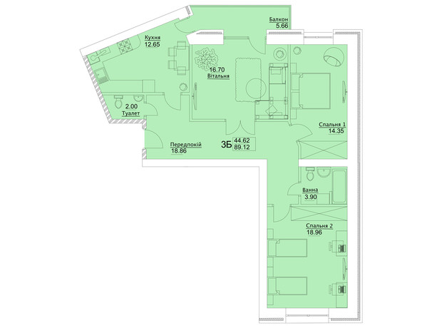 ЖК Елецкий: планировка 3-комнатной квартиры 89.12 м²