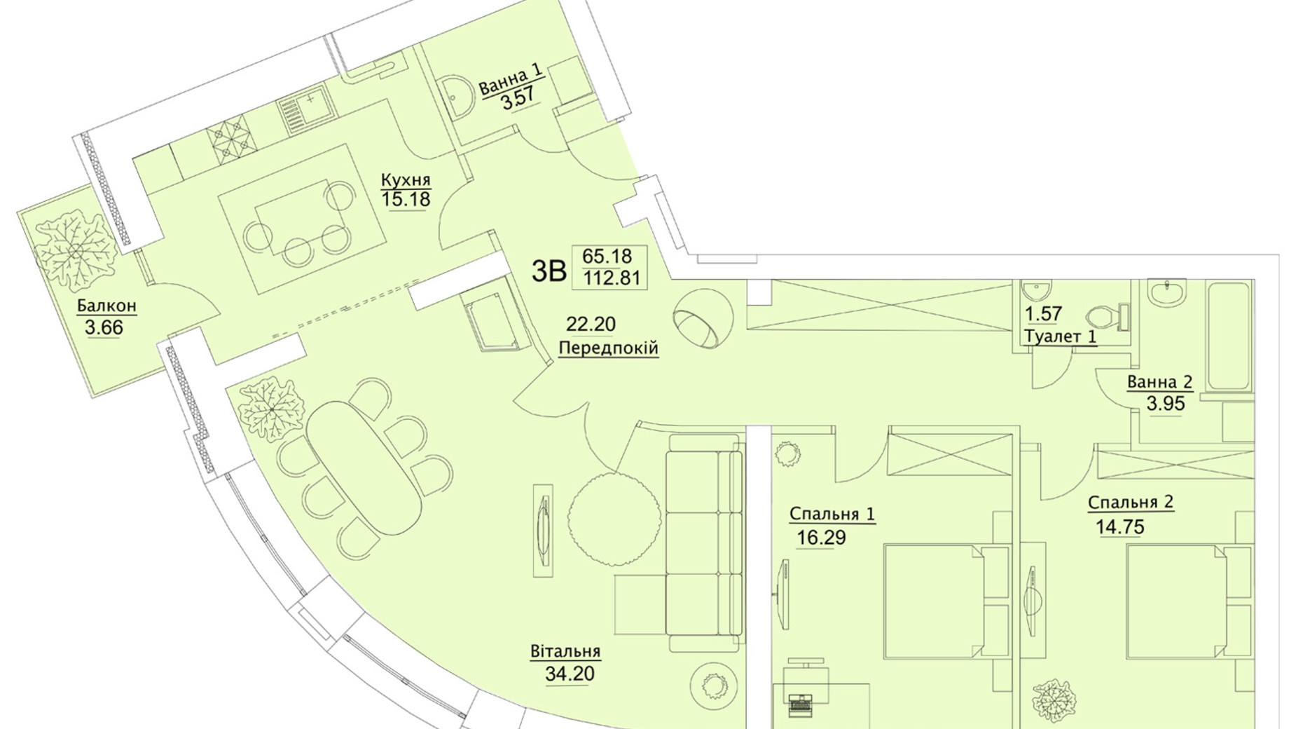 Планування 3-кімнатної квартири в ЖК Єлецький 112.81 м², фото 243946