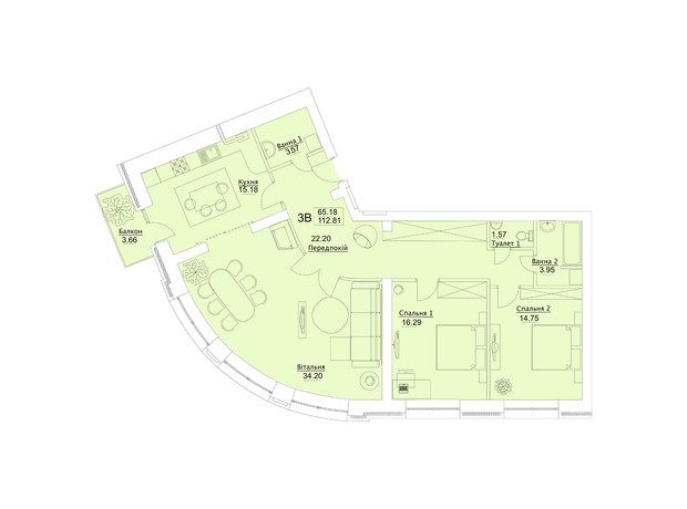 ЖК Елецкий: планировка 3-комнатной квартиры 112.81 м²