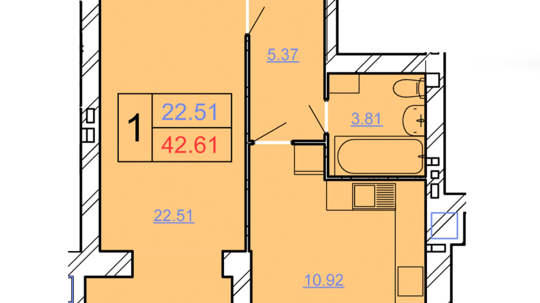 Планування 1-кімнатної квартири в ЖК Avila Lux ll 42.61 м², фото 243977