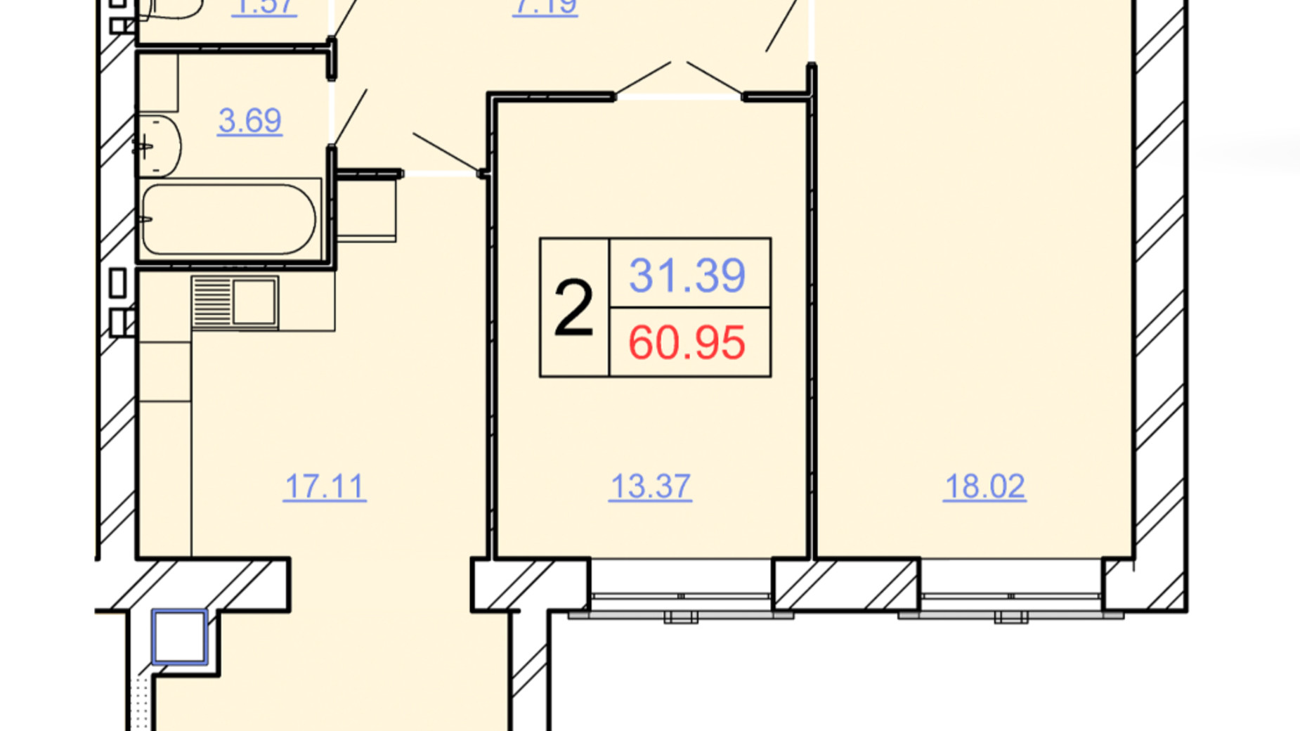 Планировка 2-комнатной квартиры в ЖК Avila Lux ll 60.95 м², фото 243981