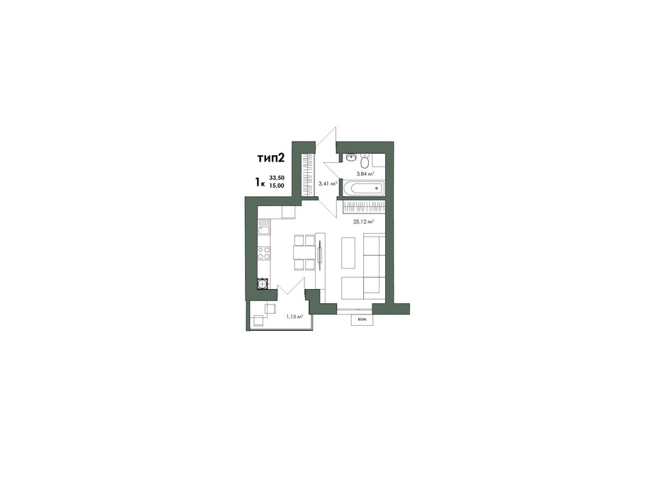 Планування 1-кімнатної квартири в ЖК Art Misto 33.45 м², фото 244143 Планування 1-кімнатної квартири в ЖК Art Misto 33.45 м², фото 244143
