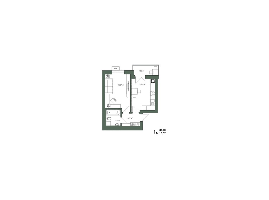 Планування 1-кімнатної квартири в ЖК Art Misto 37.97 м², фото 244152 Планування 1-кімнатної квартири в ЖК Art Misto 37.97 м², фото 244152