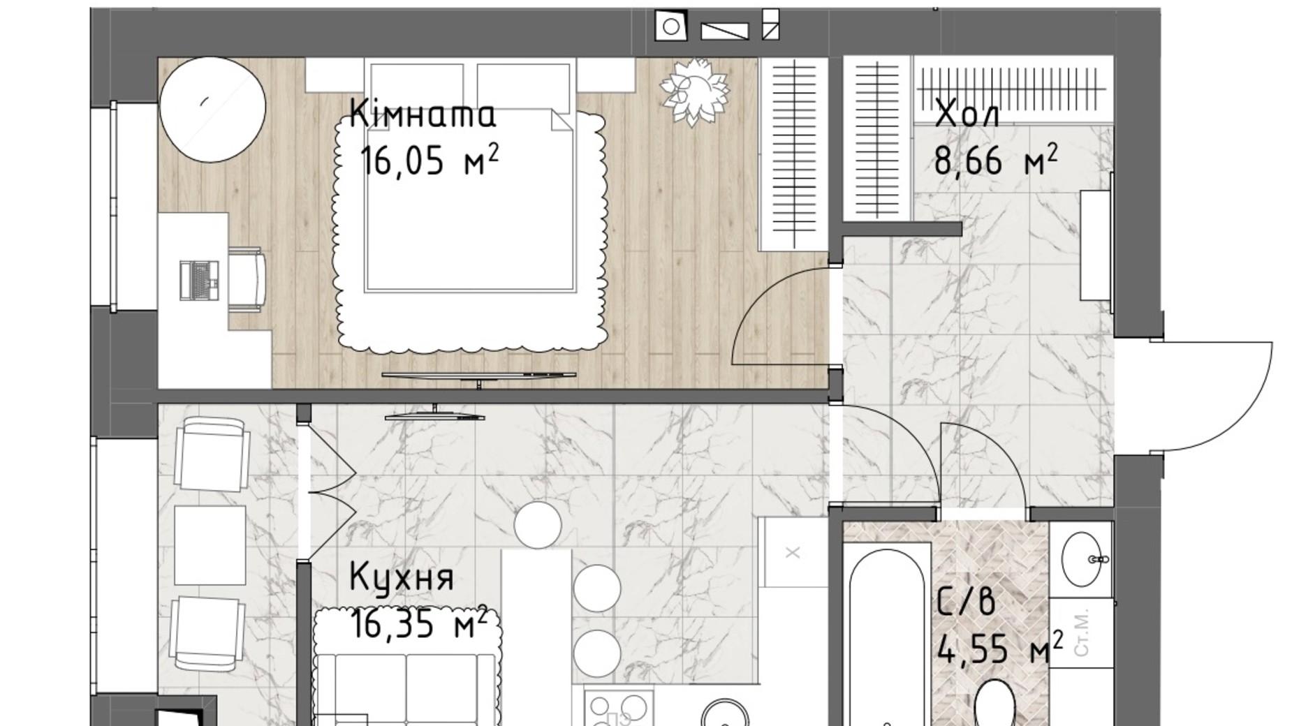 Планування 1-кімнатної квартири в ЖК Чайка Люкс 45.61 м², фото 244689