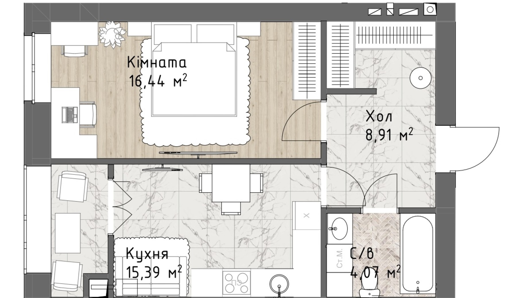 Планування 1-кімнатної квартири в ЖК Чайка Люкс 44.81 м², фото 244690