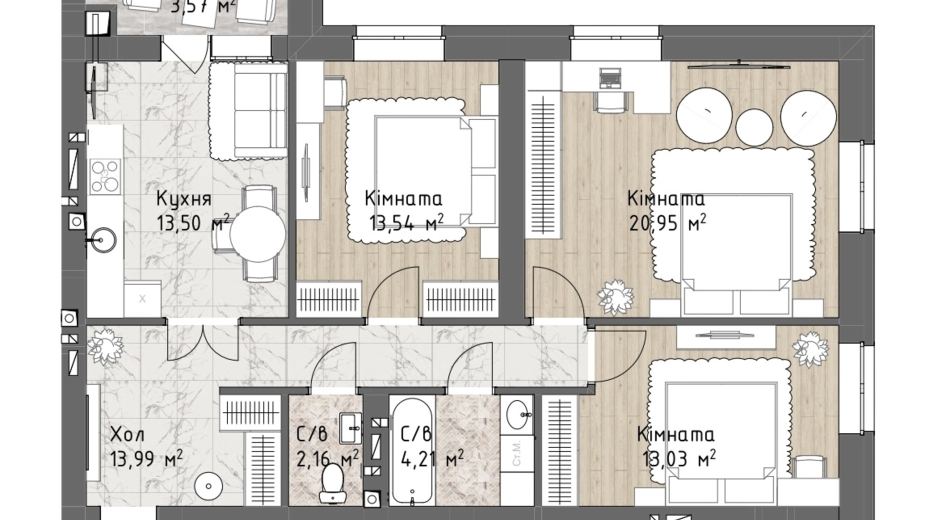 Планування 3-кімнатної квартири в ЖК Чайка Люкс 84.95 м², фото 244691