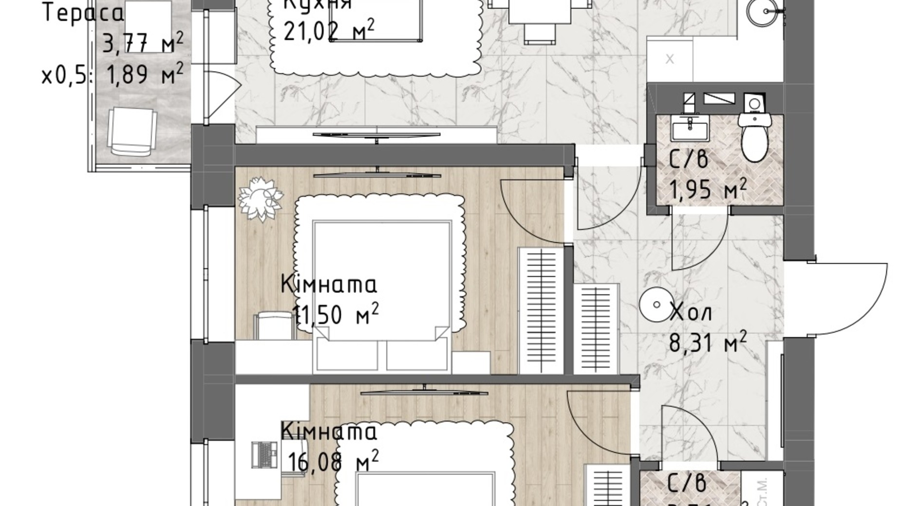 Планировка 2-комнатной квартиры в ЖК Чайка Люкс 64.51 м², фото 244692