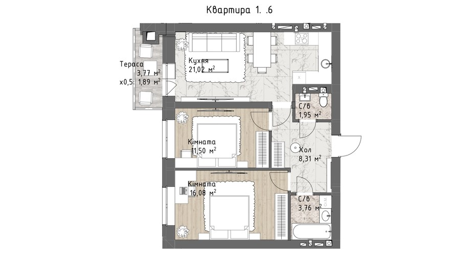 Планування 2-кімнатної квартири в ЖК Чайка Люкс 64.51 м², фото 244692