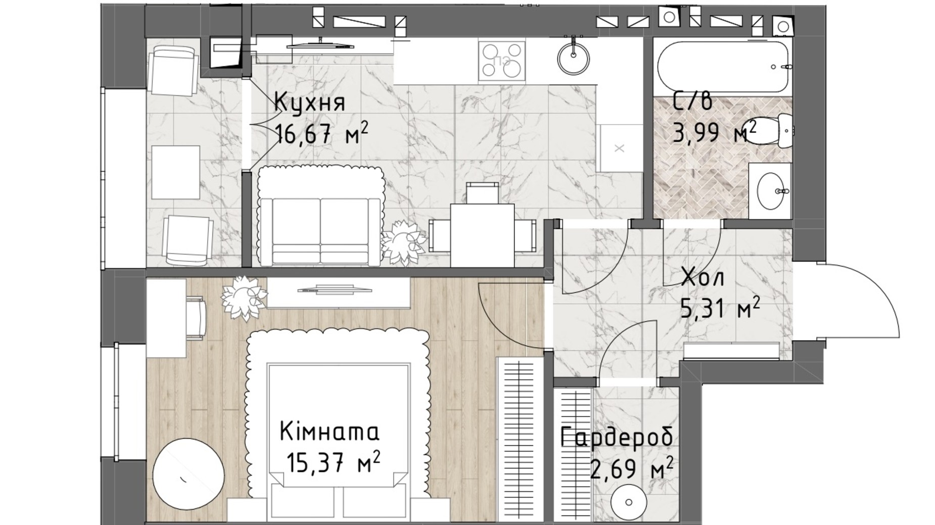 Планування 1-кімнатної квартири в ЖК Чайка Люкс 44.03 м², фото 244693