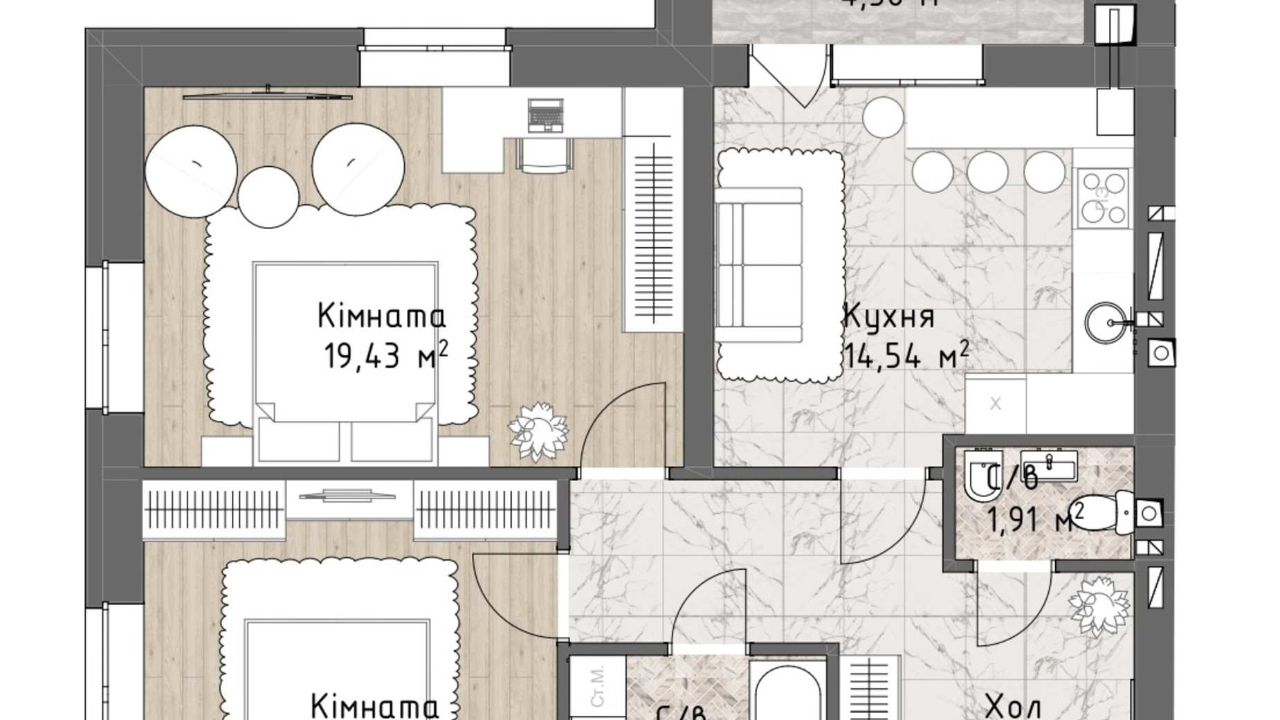 Планування 2-кімнатної квартири в ЖК Чайка Люкс 70.22 м², фото 244694