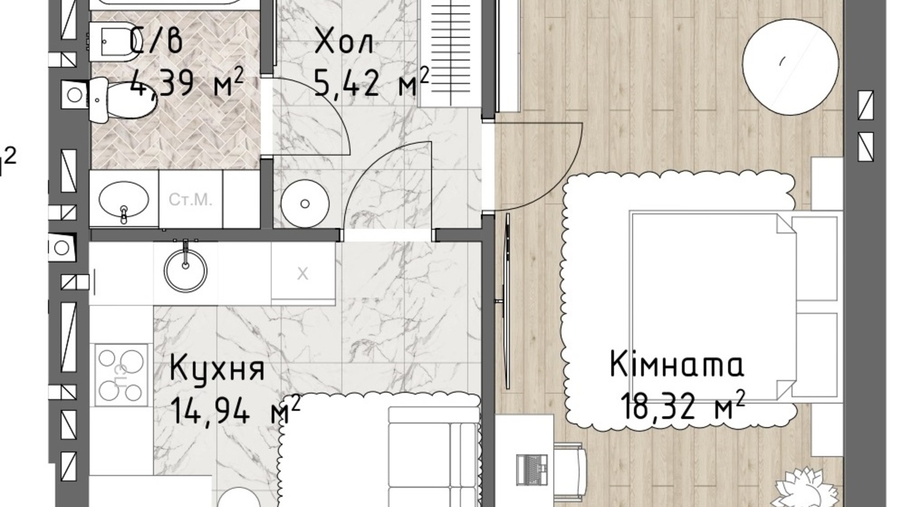 Планировка 1-комнатной квартиры в ЖК Чайка Люкс 46.14 м², фото 244695