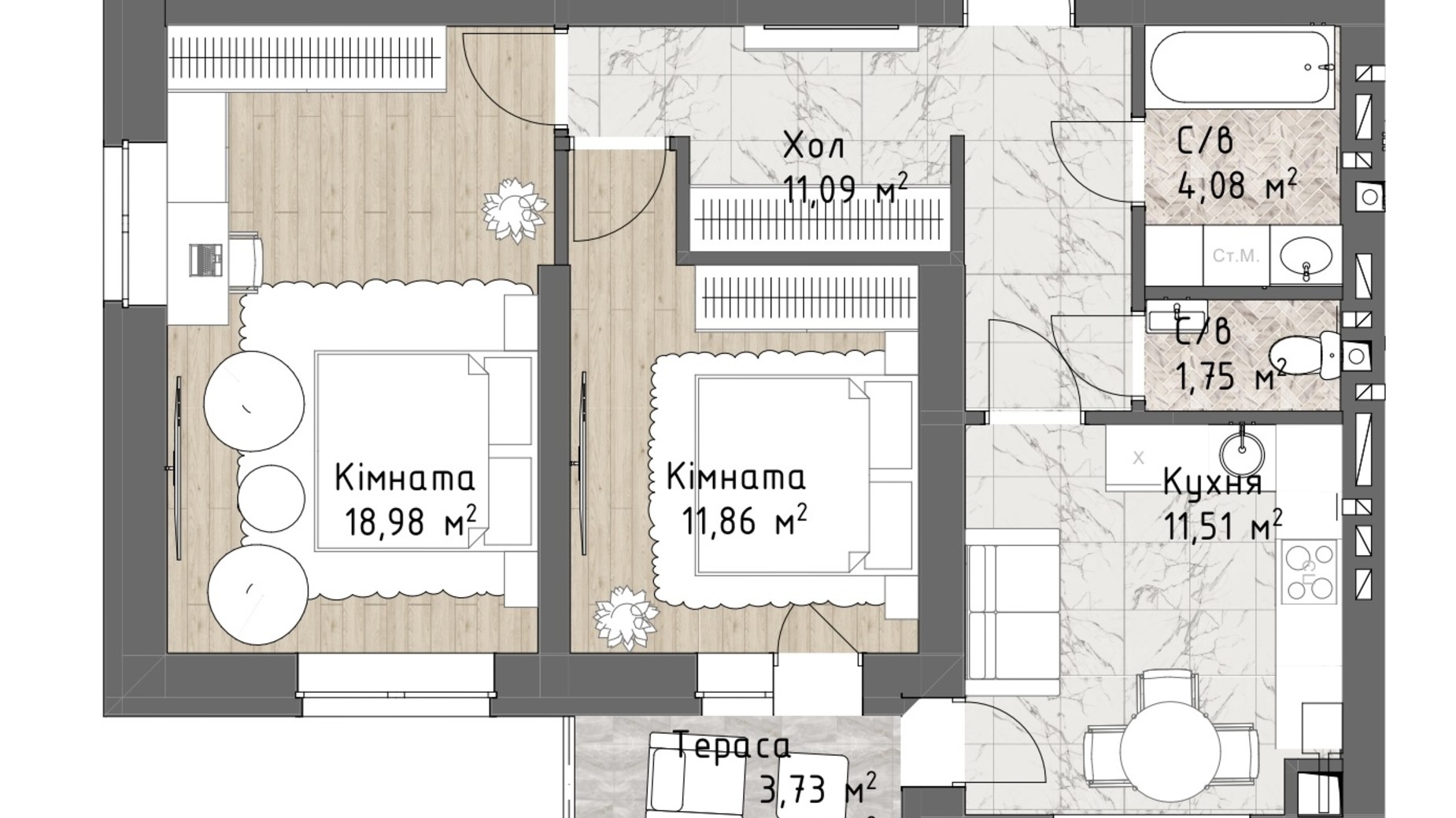 Планування 2-кімнатної квартири в ЖК Чайка Люкс 61.14 м², фото 244696