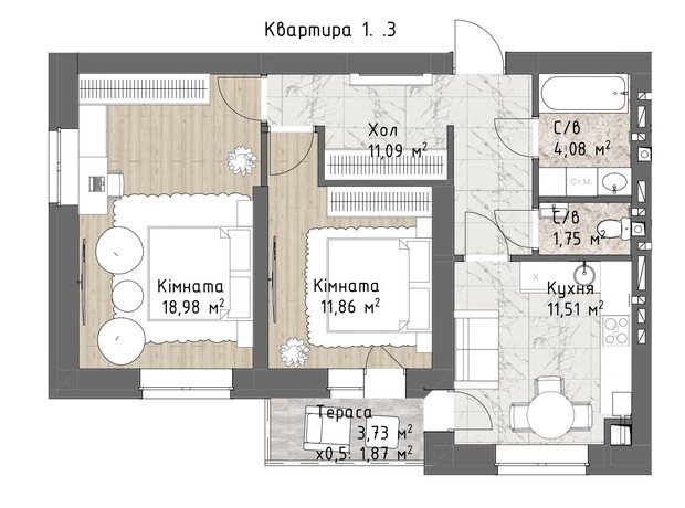 ЖК Чайка Люкс: планировка 2-комнатной квартиры 61.14 м²