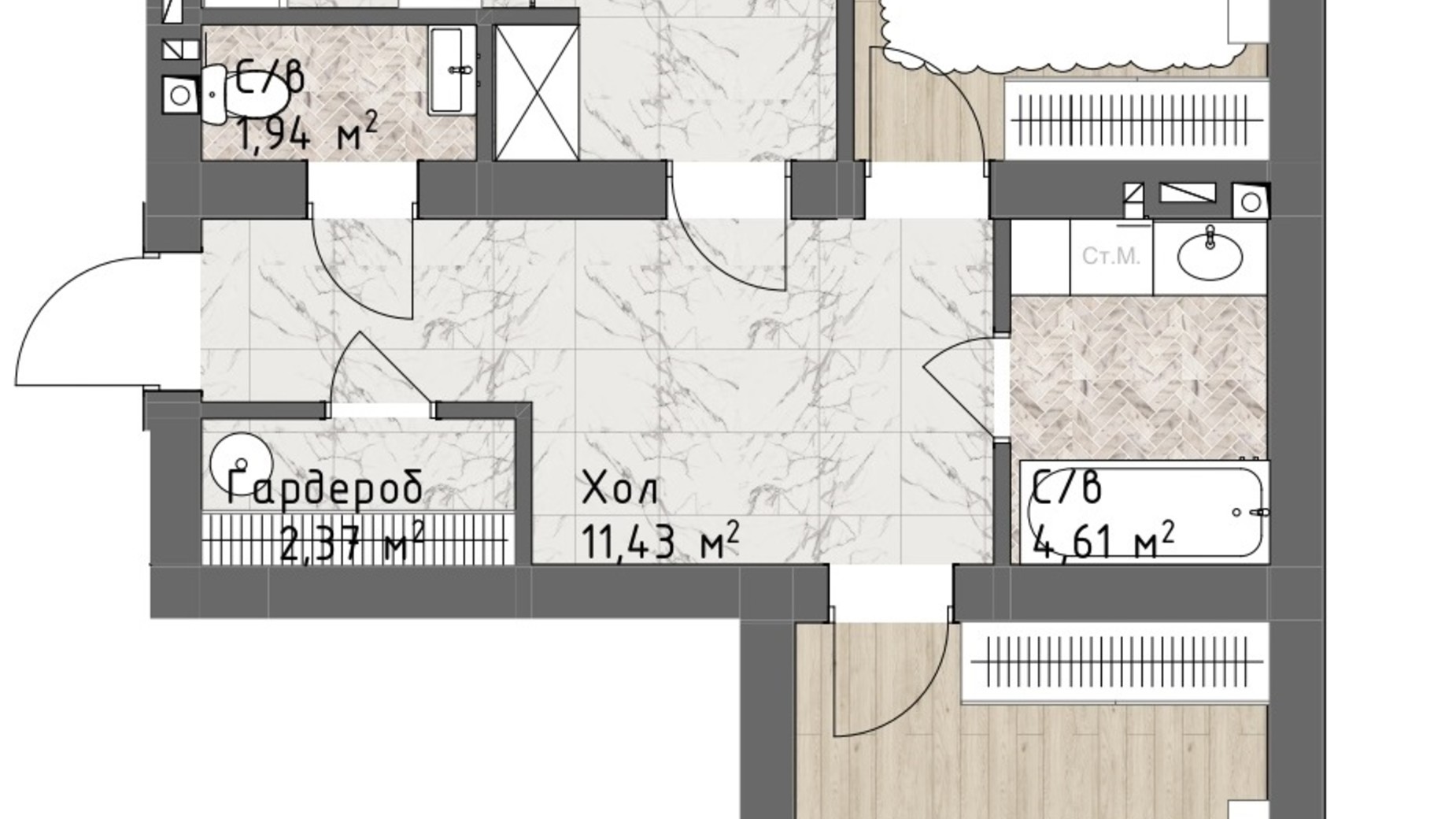 Планировка 2-комнатной квартиры в ЖК Чайка Люкс 79.15 м², фото 244697