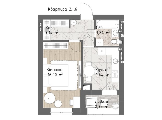 ЖК Чайка Люкс: планування 1-кімнатної квартири 39.17 м²
