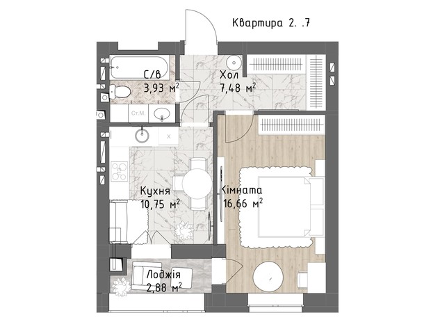 ЖК Чайка Люкс: планировка 1-комнатной квартиры 41.7 м²