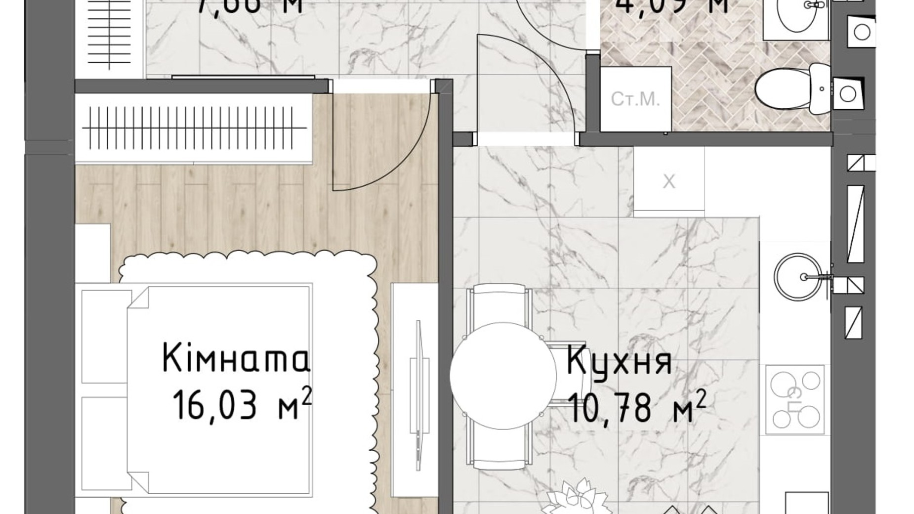 Планування 1-кімнатної квартири в ЖК Чайка Люкс 41.38 м², фото 244708