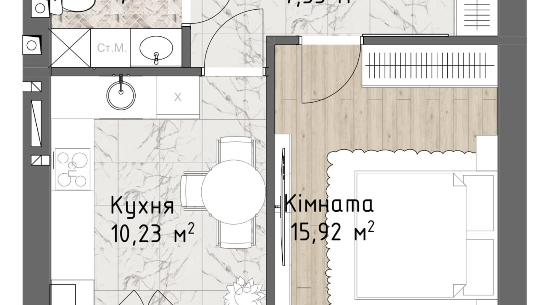 Планировка 1-комнатной квартиры в ЖК Чайка Люкс 40.47 м², фото 244709