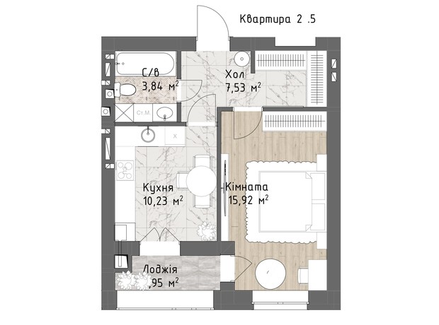 ЖК Чайка Люкс: планування 1-кімнатної квартири 40.47 м²