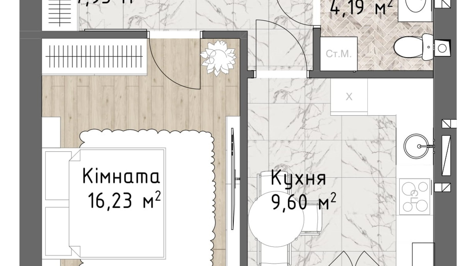 Планування 1-кімнатної квартири в ЖК Чайка Люкс 40.93 м², фото 244710