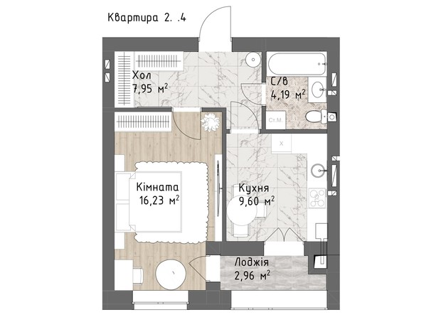 ЖК Чайка Люкс: планировка 1-комнатной квартиры 40.93 м²