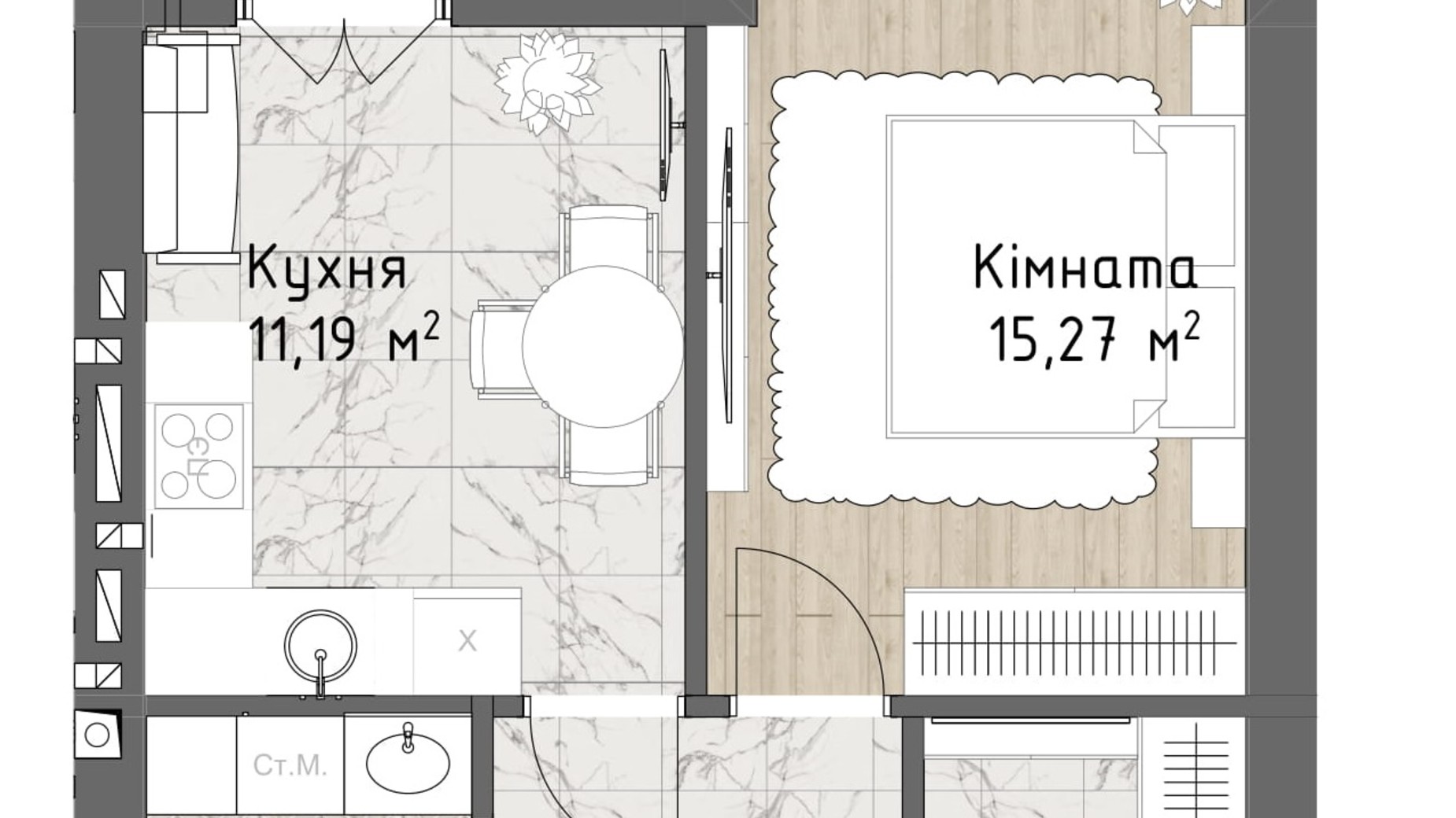 Планування 1-кімнатної квартири в ЖК Чайка Люкс 41.6 м², фото 244711