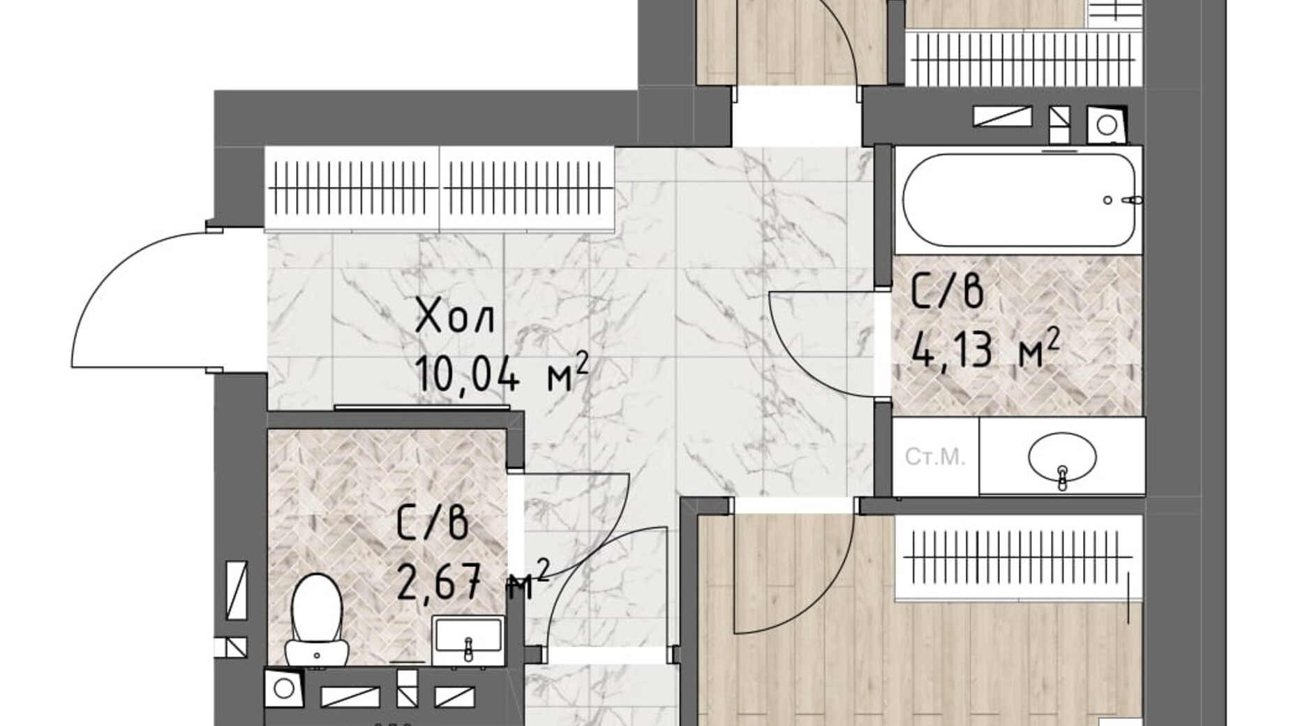 Секция 2, очередь 2, квартира 2-комнатная, общая площадь 64.18 м² Планировка 2-комнатной квартиры в ЖК Чайка Люкс 64.18 м², фото 244712