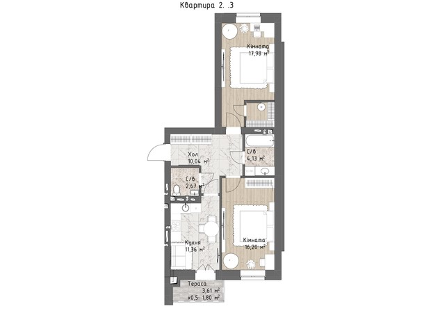 ЖК Чайка Люкс: планировка 2-комнатной квартиры 64.18 м²