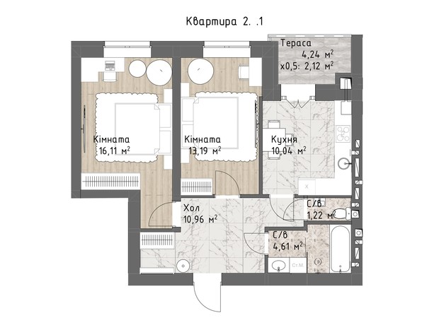 ЖК Чайка Люкс: планировка 2-комнатной квартиры 58.25 м²