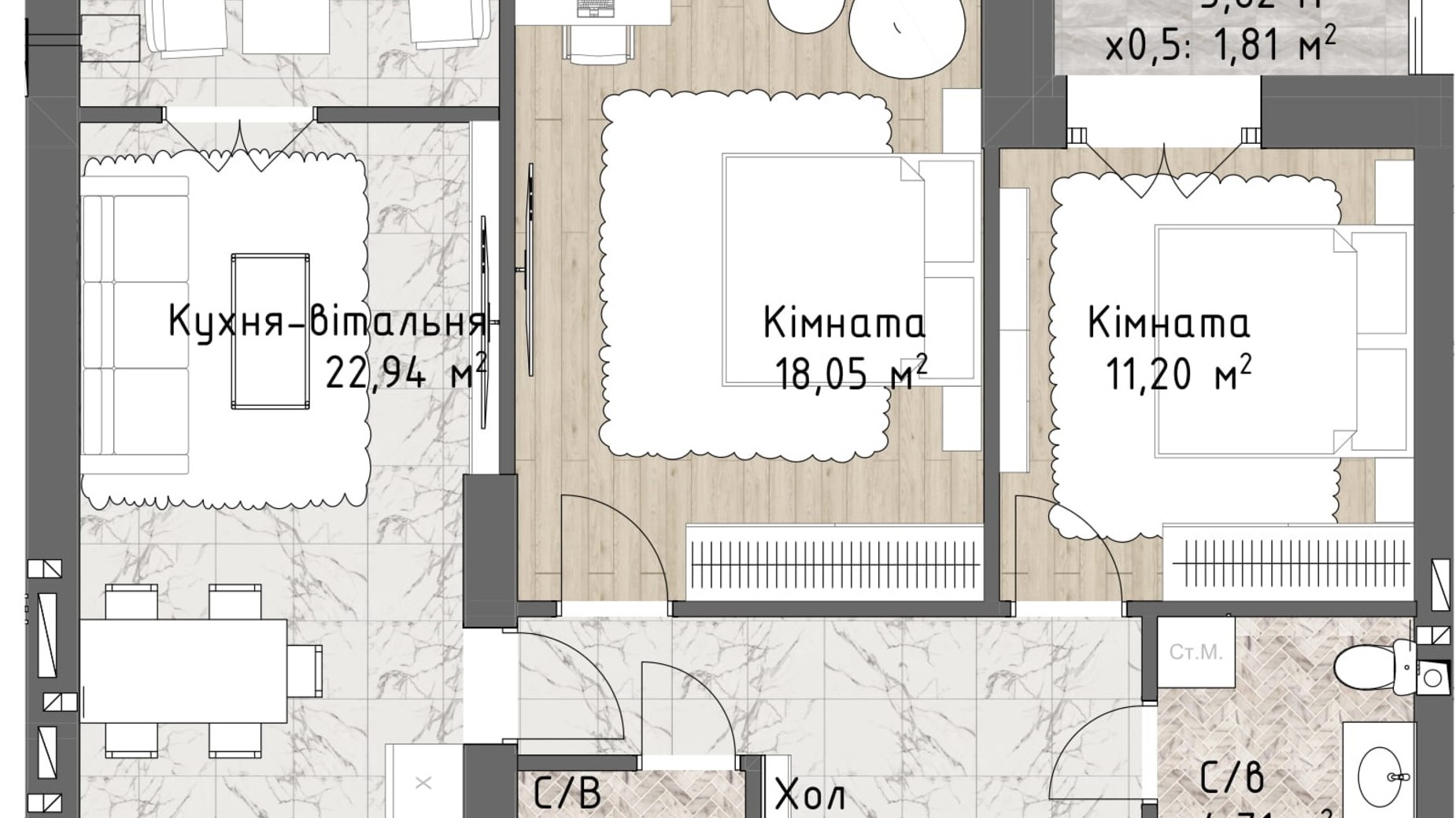 Планування 2-кімнатної квартири в ЖК Чайка Люкс 69.81 м², фото 244714