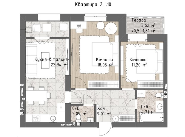 ЖК Чайка Люкс: планування 2-кімнатної квартири 69.81 м²