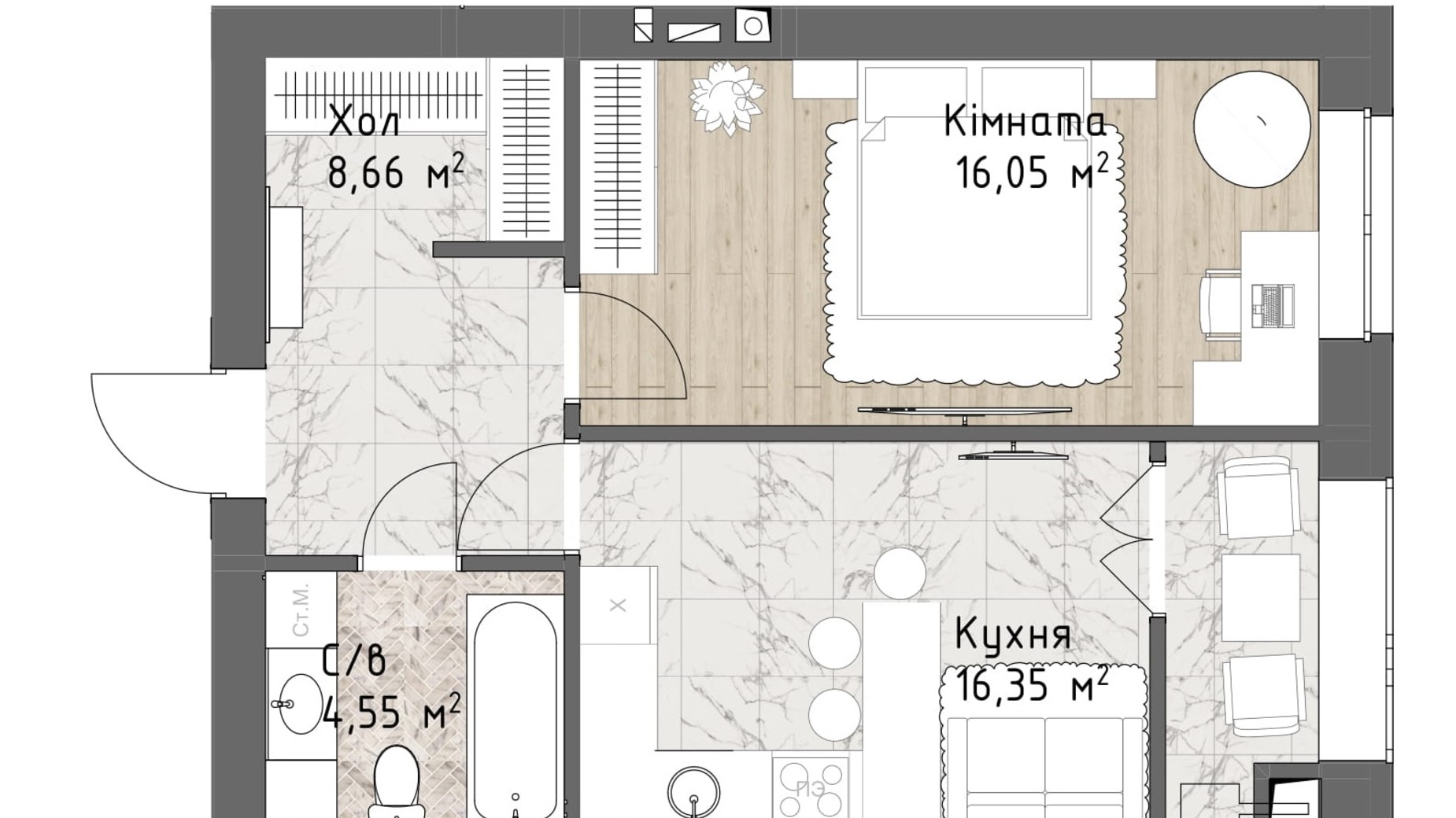 Планування 1-кімнатної квартири в ЖК Чайка Люкс 45.61 м², фото 244716
