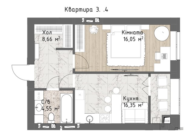 ЖК Чайка Люкс: планировка 1-комнатной квартиры 45.61 м²