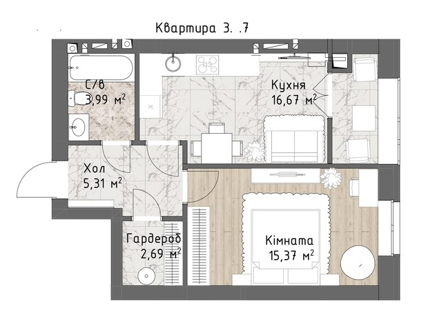ЖК Чайка Люкс: планування 1-кімнатної квартири 44.03 м²