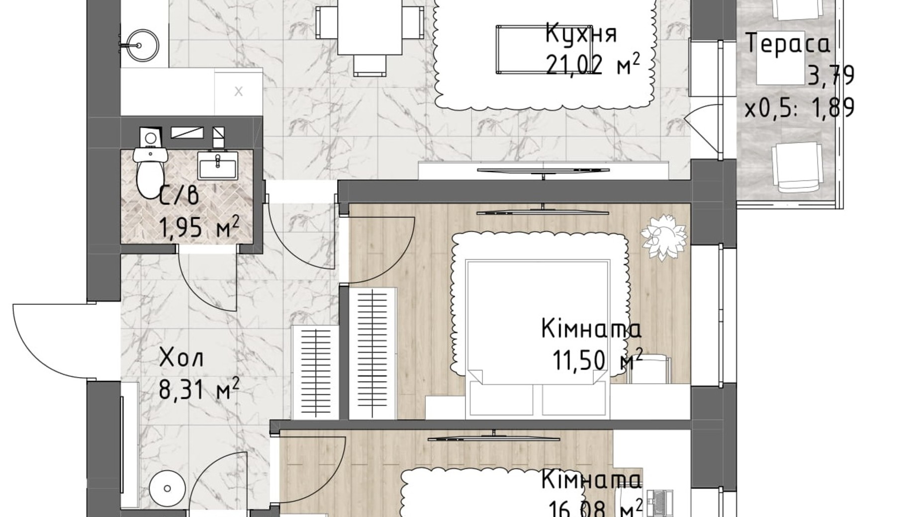 Планування 2-кімнатної квартири в ЖК Чайка Люкс 64.51 м², фото 244720