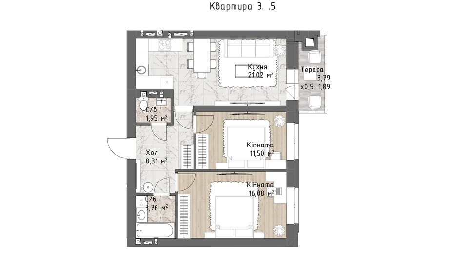 Планировка 2-комнатной квартиры в ЖК Чайка Люкс 64.15 м², фото 244720