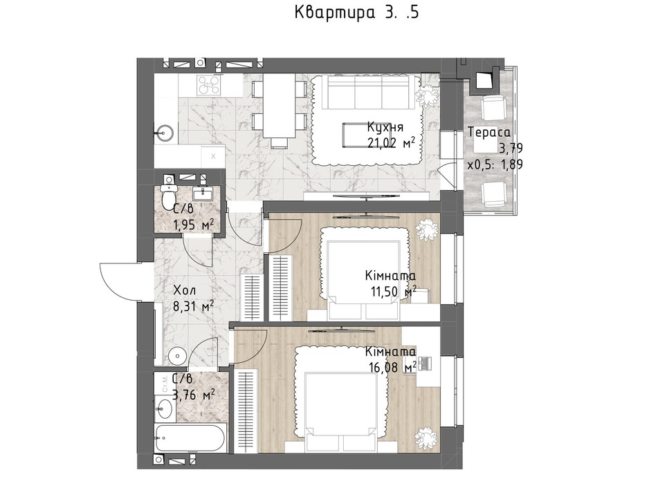Планування 2-кімнатної квартири в ЖК Чайка Люкс 64.15 м², фото 244720 Планування 2-кімнатної квартири в ЖК Чайка Люкс 64.15 м², фото 244720