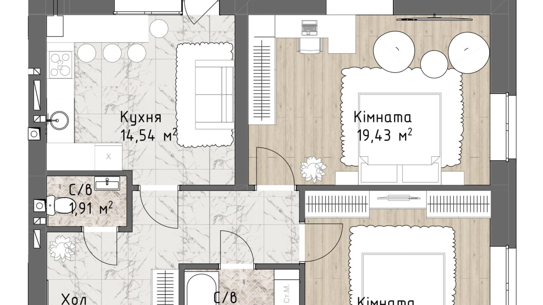 Планування 2-кімнатної квартири в ЖК Чайка Люкс 70.22 м², фото 244721