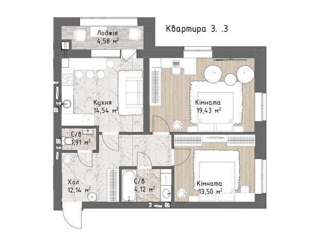 ЖК Чайка Люкс: планування 2-кімнатної квартири 70.22 м²