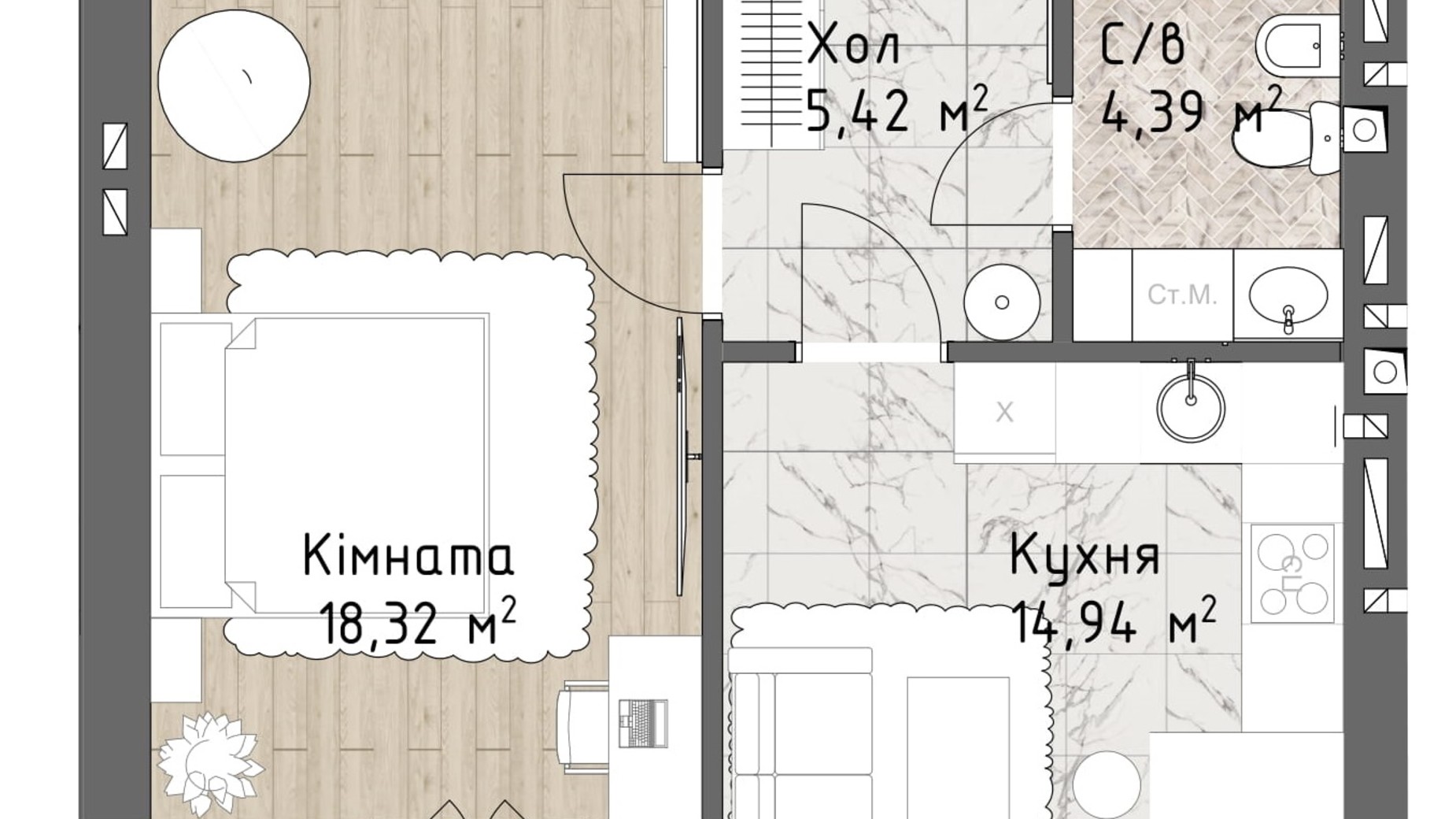 Планировка 1-комнатной квартиры в ЖК Чайка Люкс 46.14 м², фото 244722