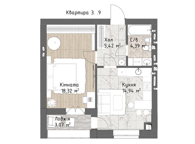 ЖК Чайка Люкс: планировка 1-комнатной квартиры 46.14 м²