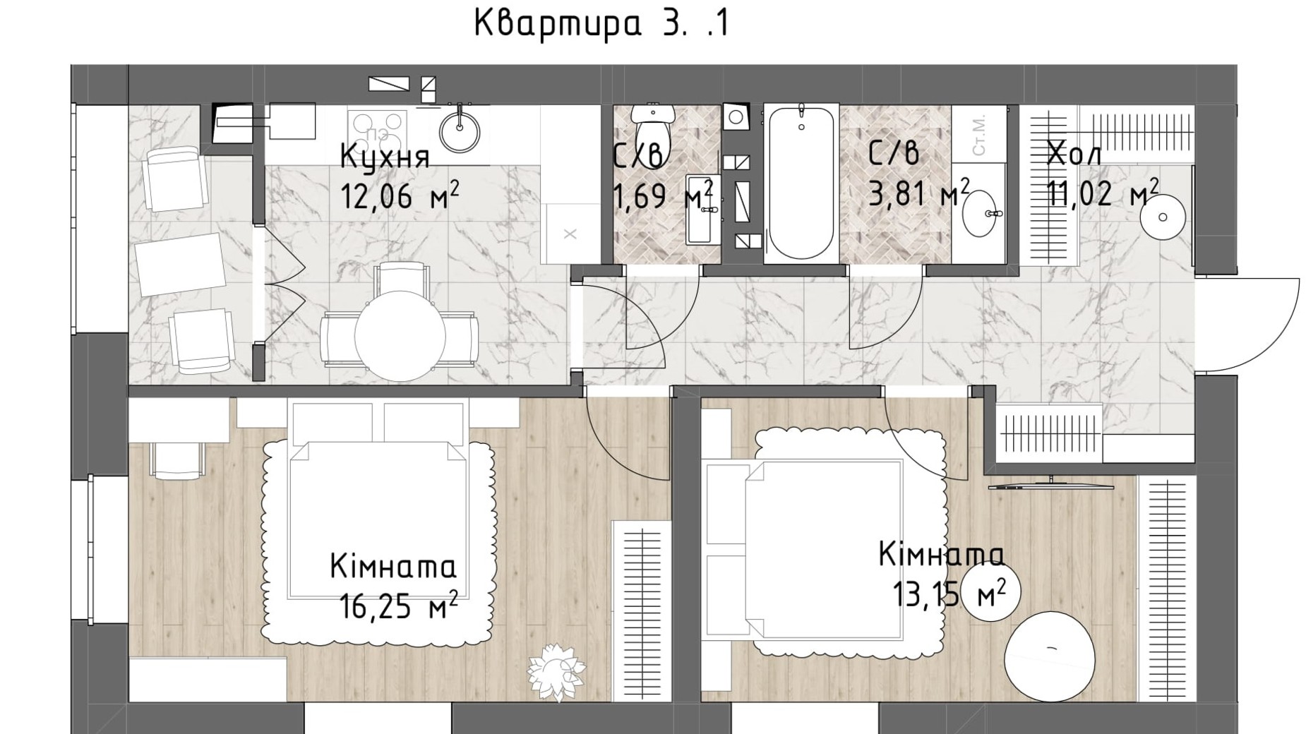 Планування 2-кімнатної квартири в ЖК Чайка Люкс 57.98 м², фото 244723