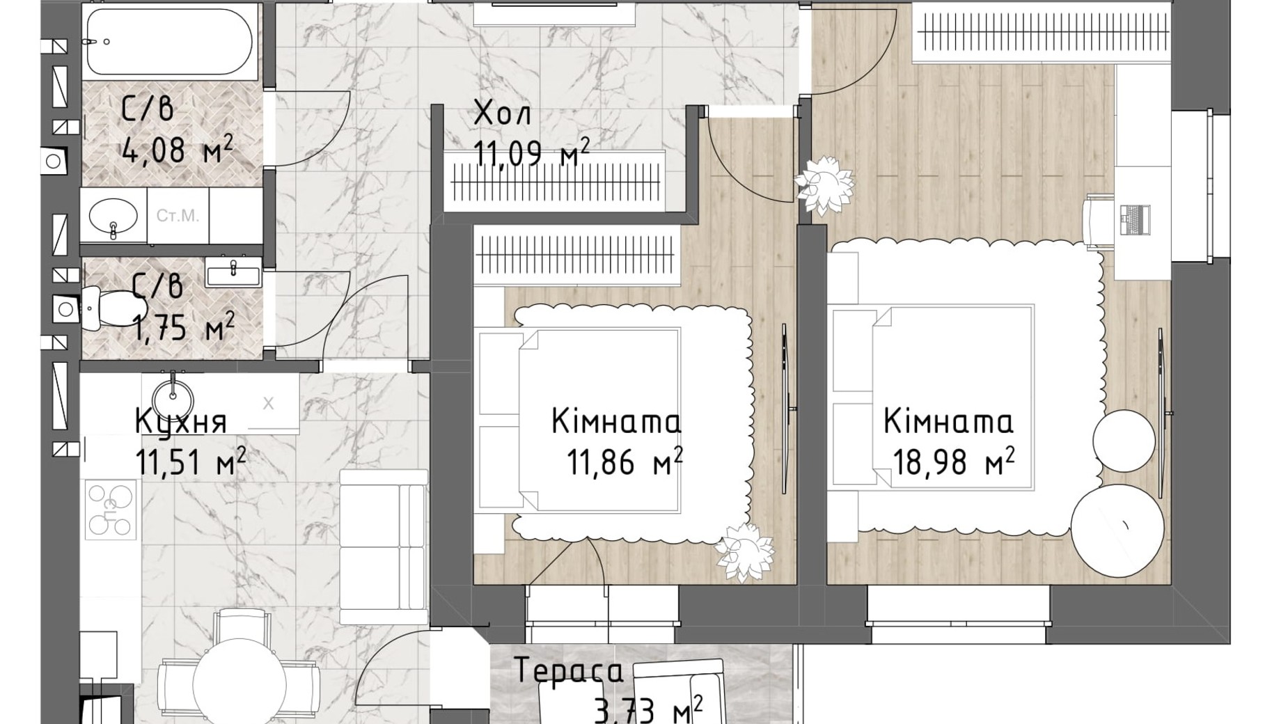 Планування 2-кімнатної квартири в ЖК Чайка Люкс 61.14 м², фото 244724