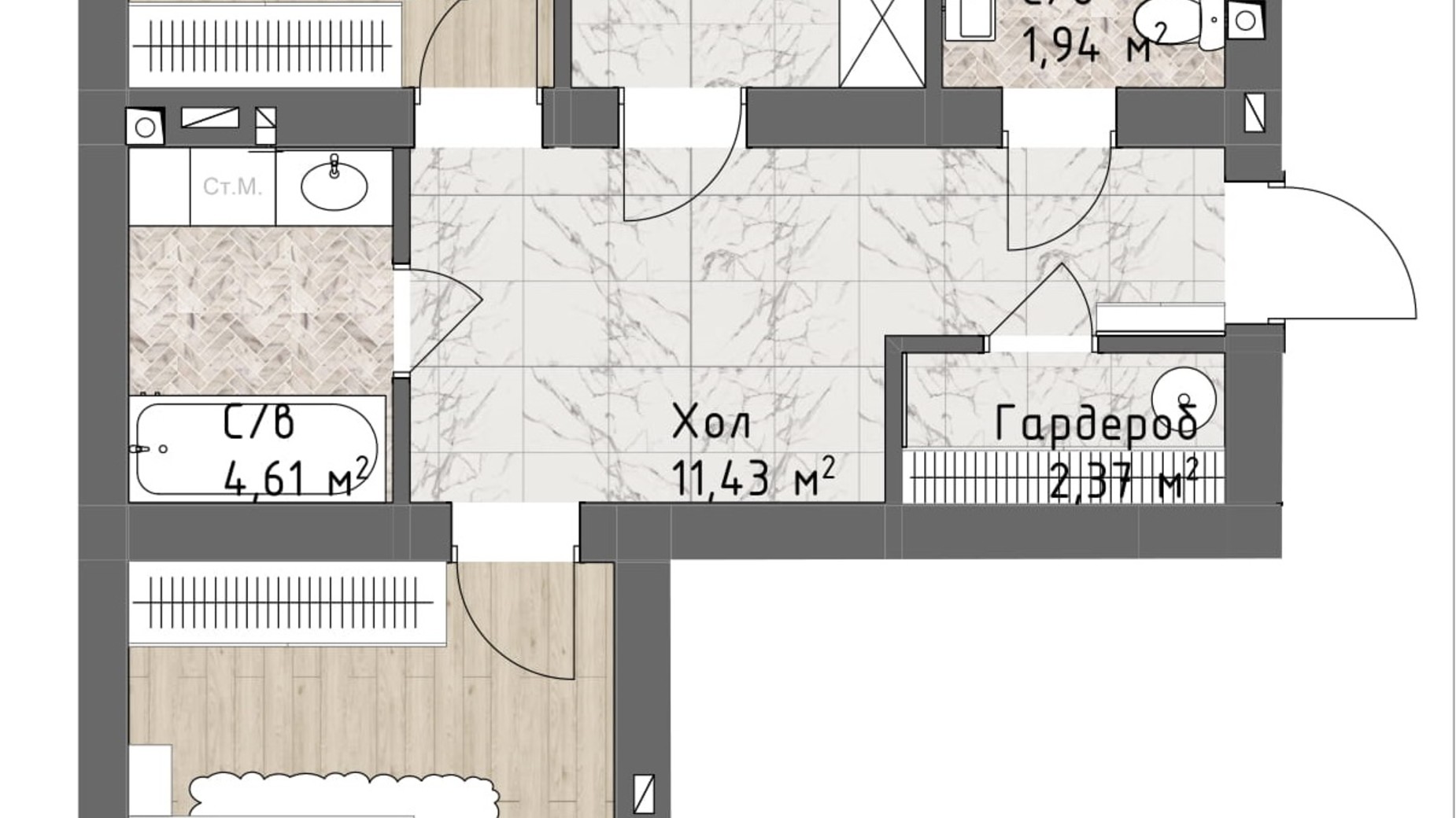 Планировка 2-комнатной квартиры в ЖК Чайка Люкс 79.15 м², фото 244725