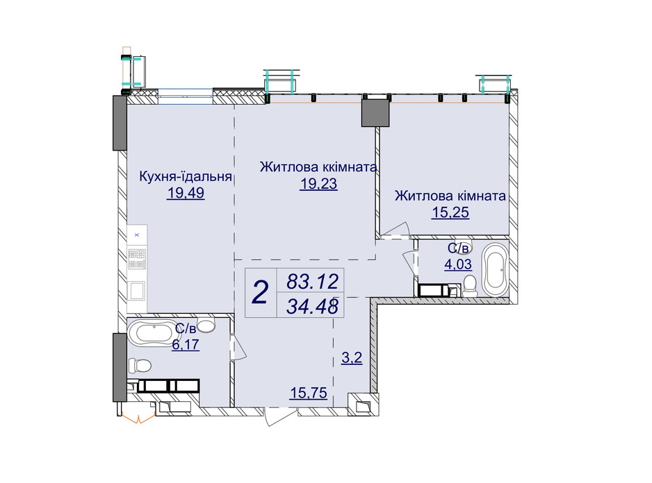 Планировка 2-комнатной квартиры в ЖК Новопечерские Липки 83.12 м², фото 244746 Планировка 2-комнатной квартиры в ЖК Новопечерские Липки 83.12 м², фото 244746