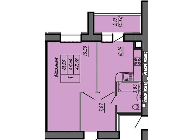 ЖК Черновецкий: планировка 1-комнатной квартиры 42.76 м²