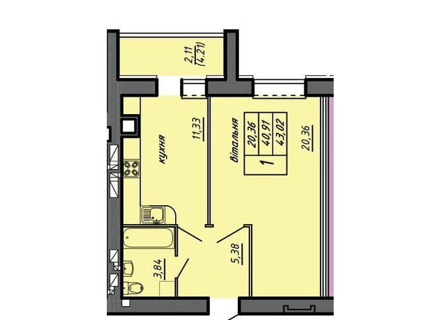 ЖК Чернівецький: планування 1-кімнатної квартири 43.02 м²